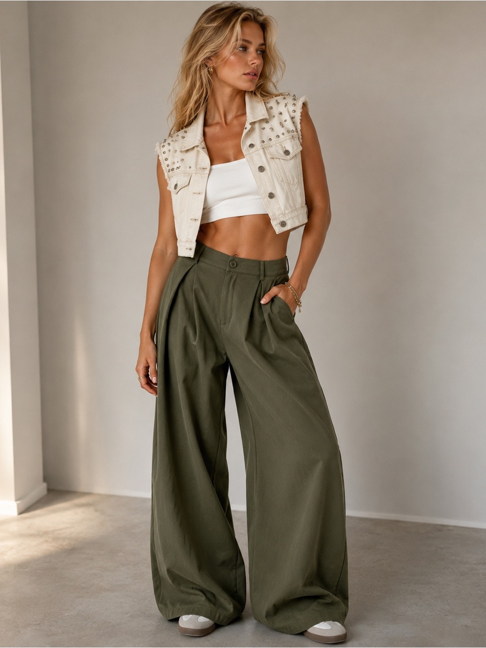 Studded Cream Sleeveless Denim Crop Shirt